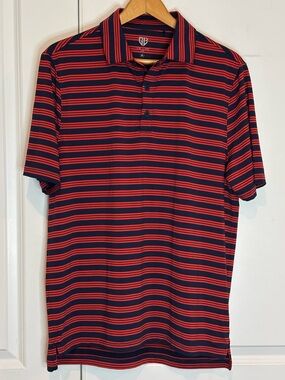 Graham Luxe Dawn Red Navy Stripe Short Sleeve Polo Shirt M